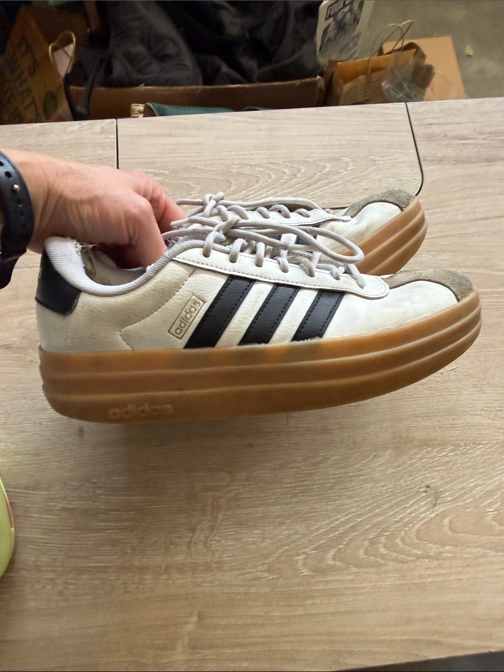 adidas White Sneakers with Black Stripes and Gum Platform